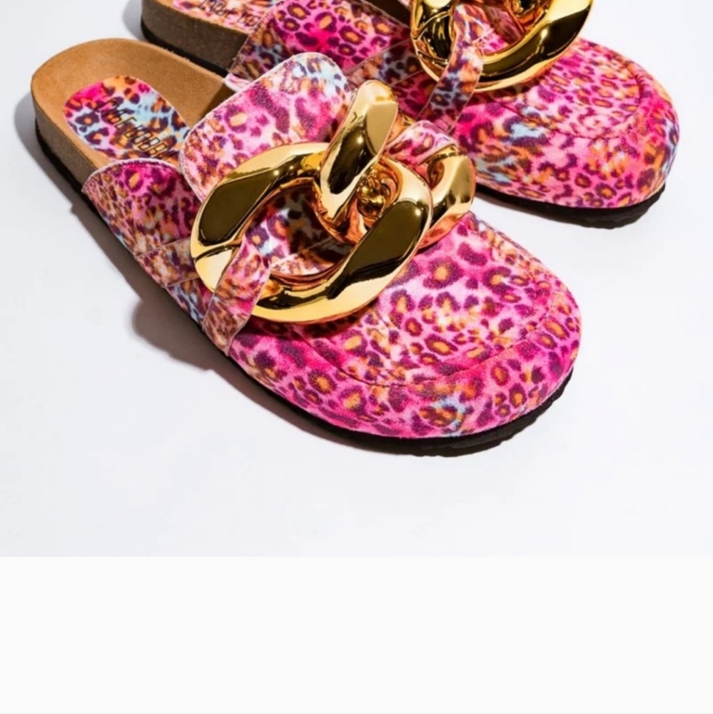 New Cape Robbin Colinda Pink Leopard Slip On Big Buckle Gold Slide Mule Sandal - Picture 2 of 10
